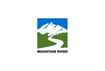 Mountains river adventure. Nature Logo Template.