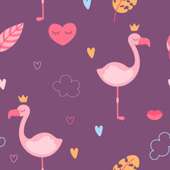 Vector seamless pattern with beautiful pink flamingo queen with a crown, clouds, tropical leaves and hearts. Fashionable design.