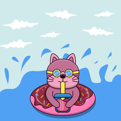 Cute cat relaxing with swim donut and drinking juice