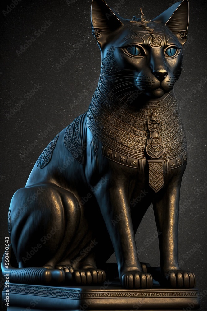 Wall mural Portrait of an ancient Egyptian black cat with golden ornaments. Ancient Egyptian goddess Bastet. AI