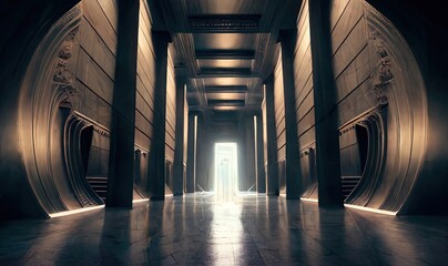 Futuristic scifi temple hall and altar with column and design from future architecture inspired by movies mattepainting background