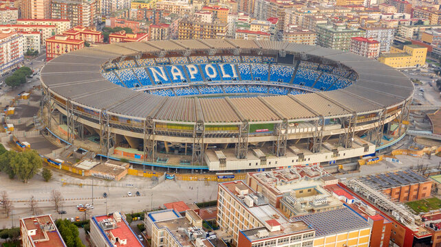 Naples,Italy - January 2023: Aerial view of Stadio Diego Armando Maradona, formerly Stadio San Paolo, in the Fuorigrotta suburb. It's used for football matches and is the home stadium of S.S.C. Napoli