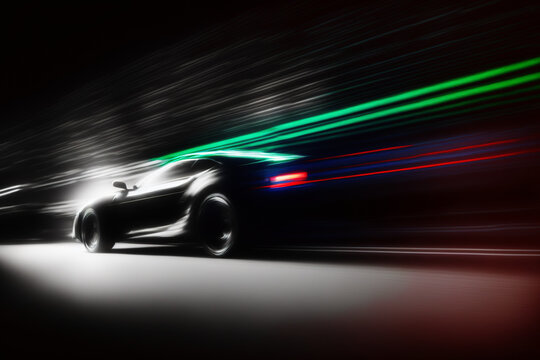 Futuristic clean energy car driving fast with colorful light trails  , Generative AI illustration