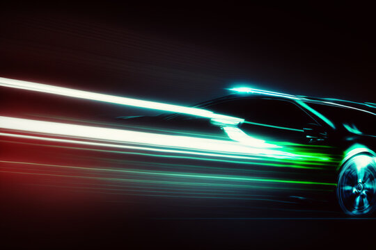 Futuristic clean energy car driving fast with colorful light trails  , Generative AI illustration