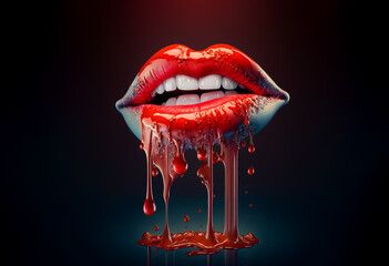 Dripping wet woman's red lips  , Generative AI illustration - obrazy, fototapety, plakaty