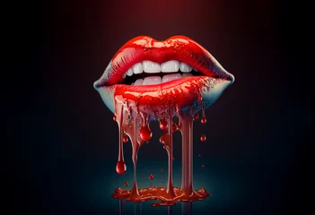 Fotobehang Dripping wet woman's red lips  , Generative AI illustration © IBEX.Media