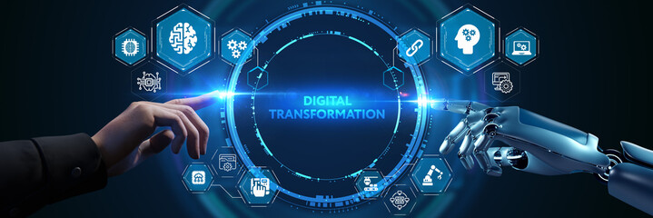 Concept of digitization of business processes and modern technology. Digital transformation.  3d illustration