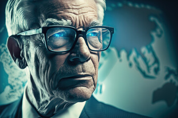 Business vison  concept, Senior businessman portrait  in front of world map    , Generative AI illustration
