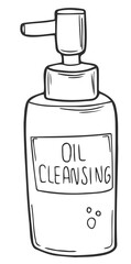 Bottle with skin care products like hydrophilic oil, antiseptic, soap or cream cartoon style. Hand drawn, flat design. Trendy modern vector illustration isolated on white background.