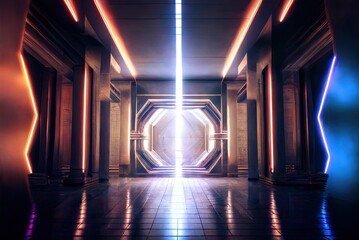 Fototapeta Futuristic scifi temple hall and altar with column and design from future architecture inspired by movies mattepainting background obraz