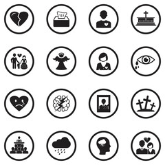 Sadness And Grief Icons. Black Flat Design In Circle. Vector Illustration.