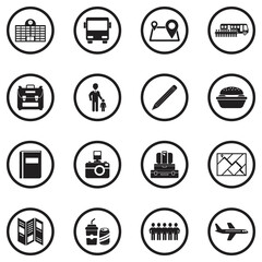 School Trip Icons. Black Flat Design In Circle. Vector Illustration.