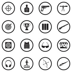 Shooting Icons. Black Flat Design In Circle. Vector Illustration.
