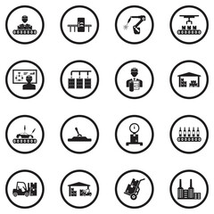Production Line Icons. Black Flat Design In Circle. Vector Illustration.