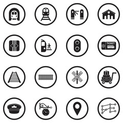 Railway Icons. Black Flat Design In Circle. Vector Illustration.
