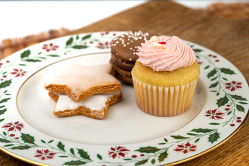 Collection of sweet treats on a white background. Baked goods presentation concept.