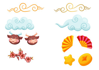 Chinese new year set logo Chinese new year celebration festive Happy Chinese new year greeting card.  Ox zodiac. Cute cow in red costume and gold money. Animal holidays cartoon character.plum blossoms