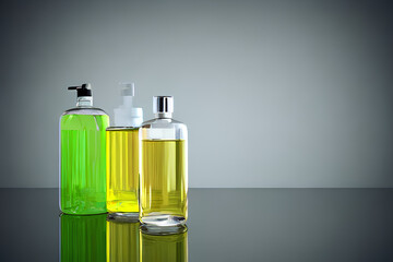 Packaging bottles of cosmetics and hygiene products with liquids background IA - obrazy, fototapety, plakaty
