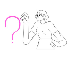 Woman draw question mark with marker, pen or highlighter. Female character emphasise important information with felt pen on white board. Business illustration in simple line style.