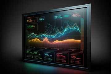 Abstract creative financial chart hologram on modern business center exterior background, research and strategy concept. Neon. AI
