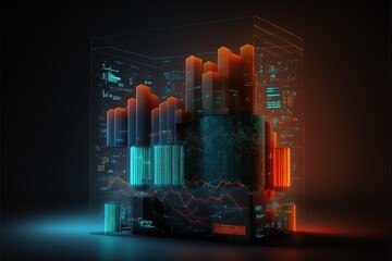 Abstract creative financial chart hologram on modern business center exterior background, research and strategy concept. Neon. AI