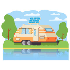 Eco-friendly motorhome.Solar panel van caravan.Renewable energy concept.Portable solar photovoltaic panel.Rv camper.Vector flat illustration.Mobile home.