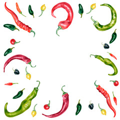 Board of various hot peppers watercolor illustration isolated on white. Signboard of tabasco, habanero, chili, jalapeno hand drawn. Design element for menu, market, sign, ingredients of dishes