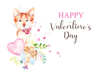Valentine's day, February 14. Cute funny watercolor illustration for Valentine and love with ginger cat, heart, gift with ribbon. Design for postcard, greeting card, congratulations and poster.