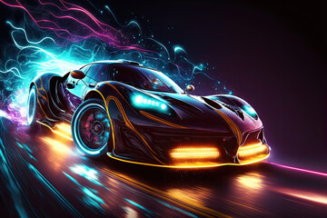 futuristic car at high speed at night with motion blur. generative ai