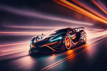 Wall murals Cars futuristic car at high speed at night with motion blur. generative ai