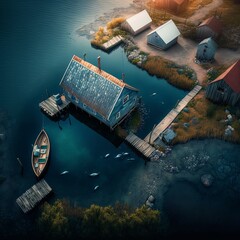 Aerial view of a small fishing village. Generative AI
