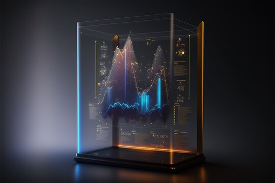 Abstract creative financial chart hologram on modern business center exterior background, research and strategy concept. Neon. AI