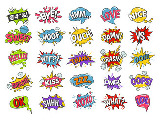 Cartoon speech bubbles. Comic book funny sound effects, xoxo kiss, sweet and smash. Omg, lol and love text balloon vector set