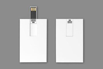 Wafer USB Bussiness Card Flash Drive back view and front view, opened and closed. USB flash card empty template for corporate identity with flat color style. 3d rendering.
