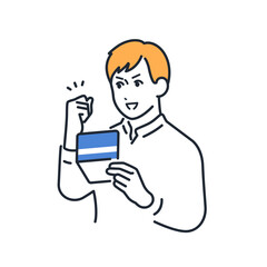 通帳を見てガッツポーズをする若い男性のシンプルなベクターイラスト素材