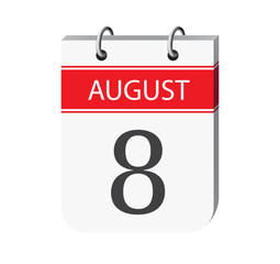 8 august calendar page vector. 3d one day calendar date appointment, deadline, event reminder illustration. Abstract three dimensional daily date appointment, agenda, event calendar.

