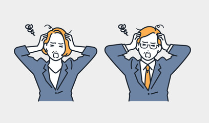 頭を抱えて悩むミドルの会社員のシンプルなベクターイラストセット素材