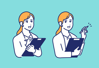 ヒアリングをする女性のシンプルなベクターイラストセット素材