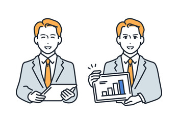 タブレット端末を持って説明するビジネスマンのシンプルなベクターイラスト素材