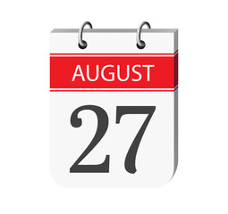 27 august calendar page vector. 3d one day calendar date appointment, deadline, event reminder illustration. Abstract three dimensional daily date appointment, agenda, event calendar.
