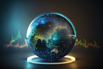 Holographic earth globe, neon light graphics. AI