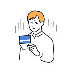通帳を見てガッカリする若い男性のシンプルなベクターイラスト素材