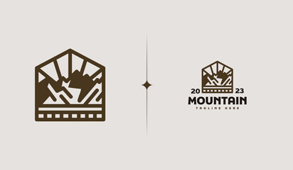 Mountain and Sun Rays, Mount Peak Hill Nature Landscape view for Adventure Outdoor logo template