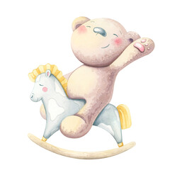 Cute Teddy Bear riding rocking horse hand drawn illustration.