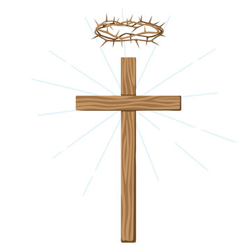 Christian illustration of wooden cross and crown of thorns. Happy Easter image.