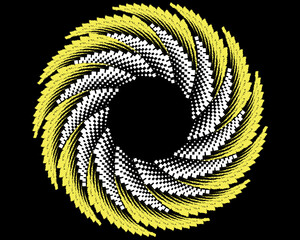 Abstract yellow halftone dots and lines in circle form. Geometric art. Trendy design element for dotted frame, technology logo, tattoo, sign, symbol, web, prints, template, pattern