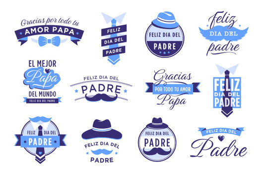 Feliz dia del padre badges. Spanish lettering means happy fathers day and congratulations dad. Calligraphy with mustache and father hat vector set