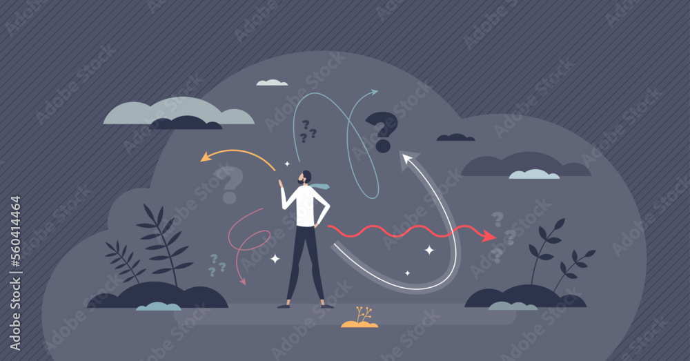 Poster decision making dilemma as choice confusion problem tiny person concept. various options to choose a