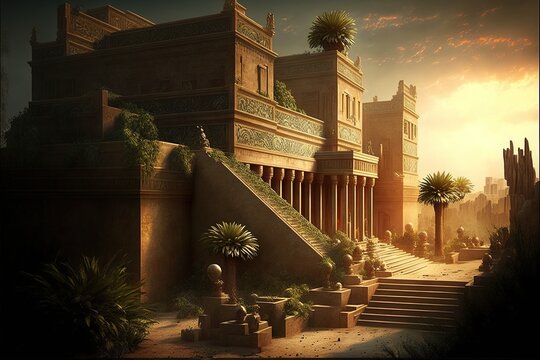 Architecture of Ancient Babylon, ancient temple, neon illumination, moonlight, sunset. Fantasy landscape stone majestic temple. AI