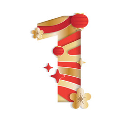 1 Numeric Number Chinese New Year Concept Character Font Letter Abstract Paper Flower Lantern Lunar Festival Element Sparkle Shine Gradient Gold Red 3D Paper Layer Cutout Card Vector Illustration